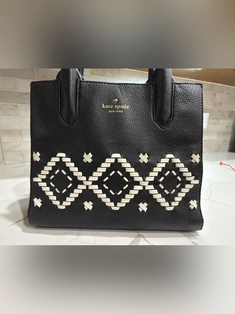 Kate Spade New York  Black Woven Accent Leather Satchel - Picture 5 of 6